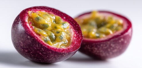 Halved Passion Fruits Showing Seeds on White Surface, Representing Healthy Eating and Tropical Refreshment for Food Industry Marketing : Generative AI