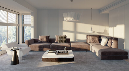 Large luxury modern bright interiors Living room mockup illustration 3D rendering image