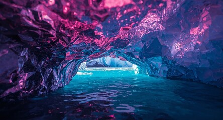 Fototapeta premium Illuminated Ice Cave with Turquoise Water and a Dreamy Pink Glow Above, Nature.