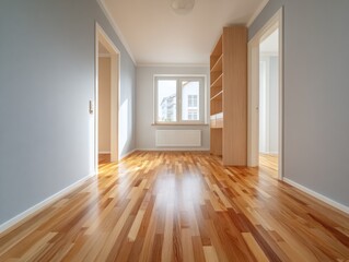 Obraz premium Bright Empty Room with Hardwood Floors and Open Doorways, Representing Real Estate Investment and Home Improvement Projects : Generative AI