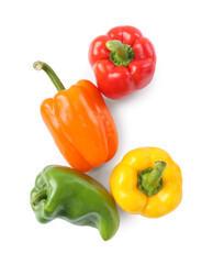 Ripe colorful bell peppers isolated on white, top view