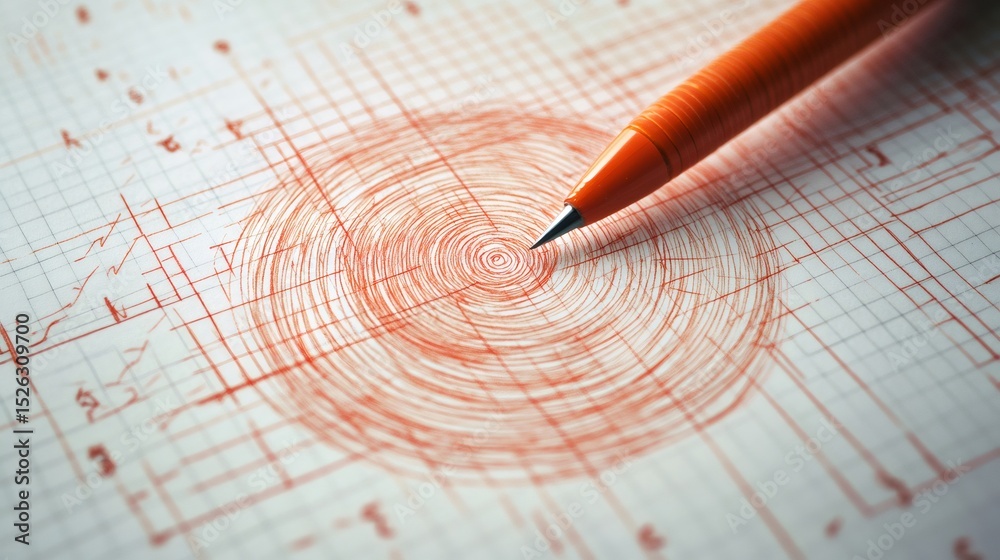 Poster orange pen pointing at the epicenter of seismic waves drawn on graph paper, illustrating the concept