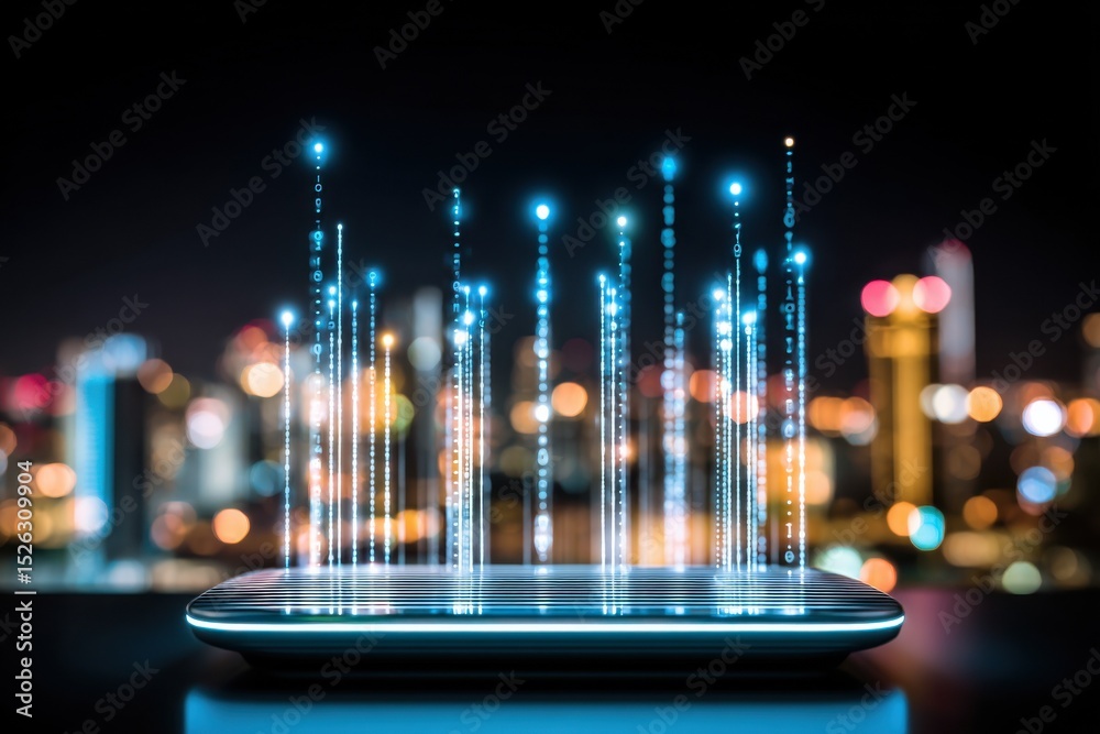 Fototapete Glowing Smartphone Displaying Binary Code Over Cityscape at Night, Illustrating Digital Transformation and Technological Advancement : Generative AI