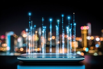 Glowing Smartphone Displaying Binary Code Over Cityscape at Night, Illustrating Digital Transformation and Technological Advancement : Generative AI