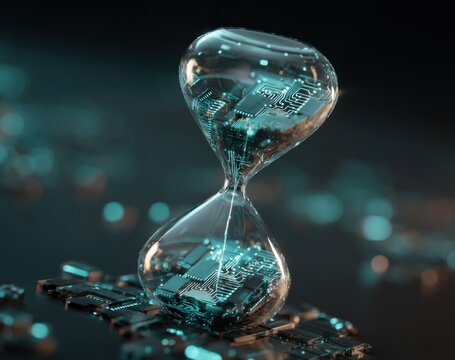 Hourglass Filled With Circuit Boards, Illustrating Technological Advancement and the Urgency of Digital Transformation, Perfect for Tech Industry Presentations : Generative AI