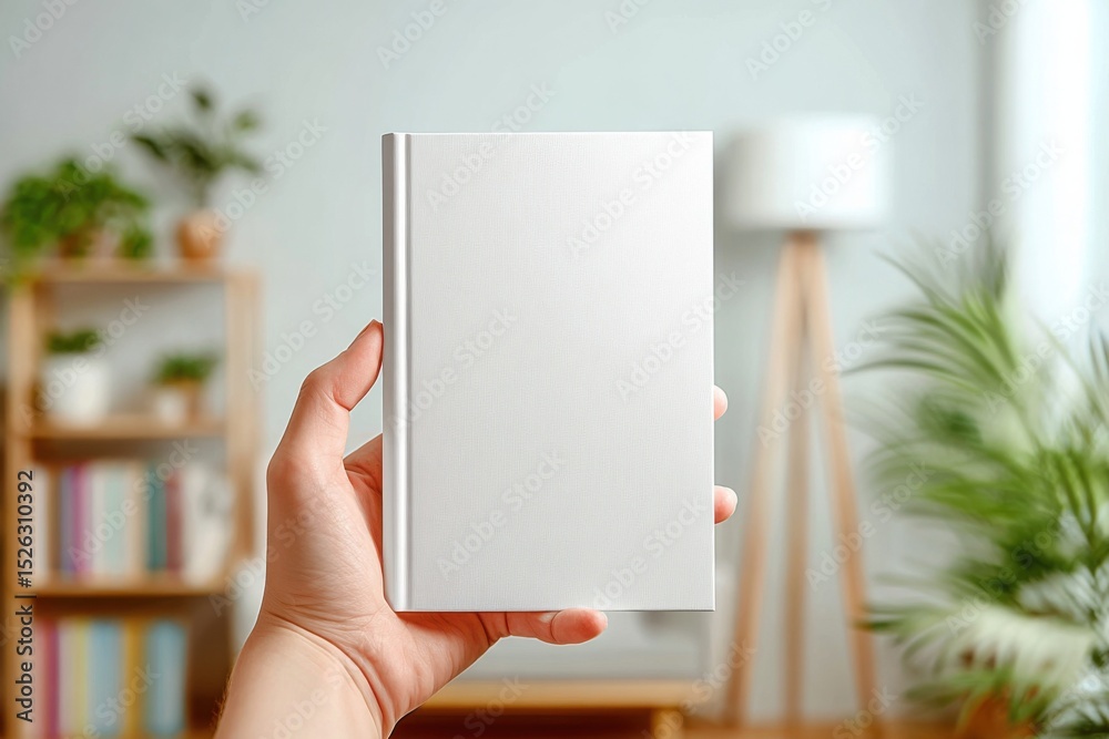 Poster hand holding a blank white book cover in a bright room, ideal for publishing mockups and creative st