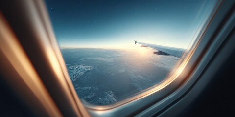 Fototapeta premium Airplane Wing View From Window at Sunrise, Representing Travel Destinations and Corporate Relocation : Generative AI