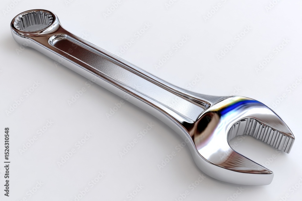 Poster shiny chrome wrench tool on white surface, symbolizing precision engineering and industrial strength