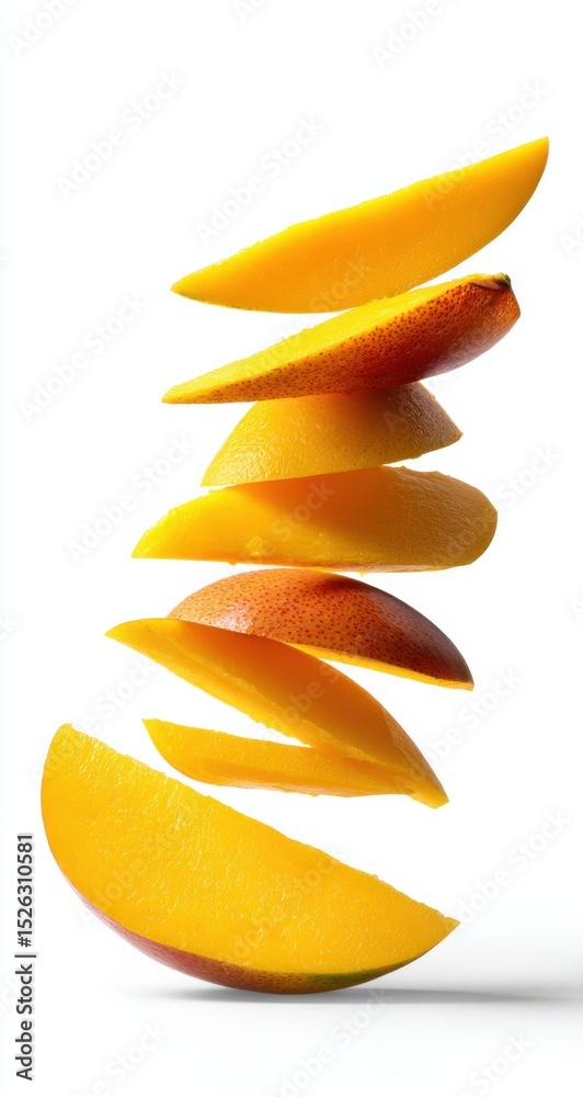 Poster sliced mango pieces floating in air on white background, representing tropical refreshment and healt