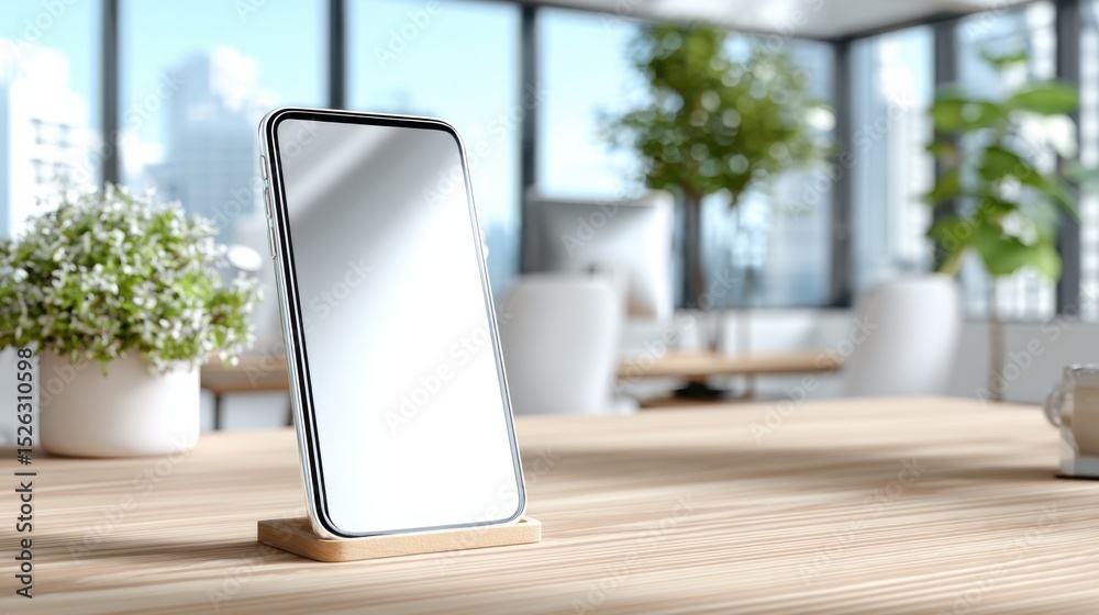 Poster smartphone on wooden stand in modern office, representing mobile technology and digital workspace so
