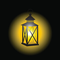 vector illustration of  vintage lighting lamp isolated on black background, antique lantern by night