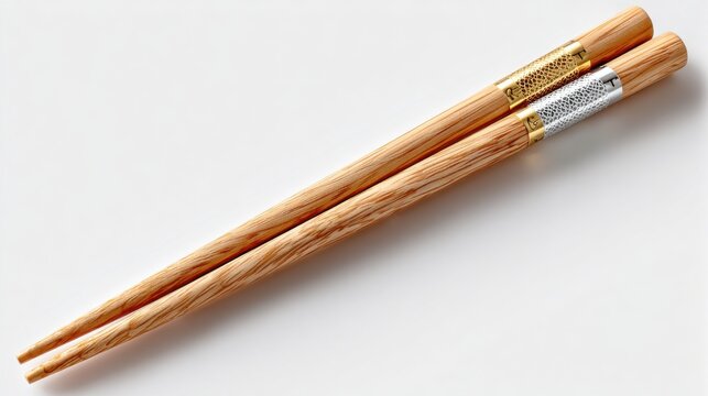 Elegant Wooden Chopsticks With Gold and Silver Accents on White, Representing Culinary Art and Asian Culture for Restaurant Menus and Food Blogs : Generative AI