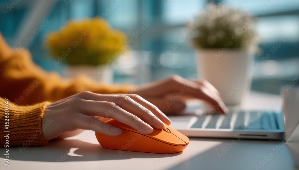 Poster woman using orange mouse with laptop at desk, representing productivity and remote work opportunitie