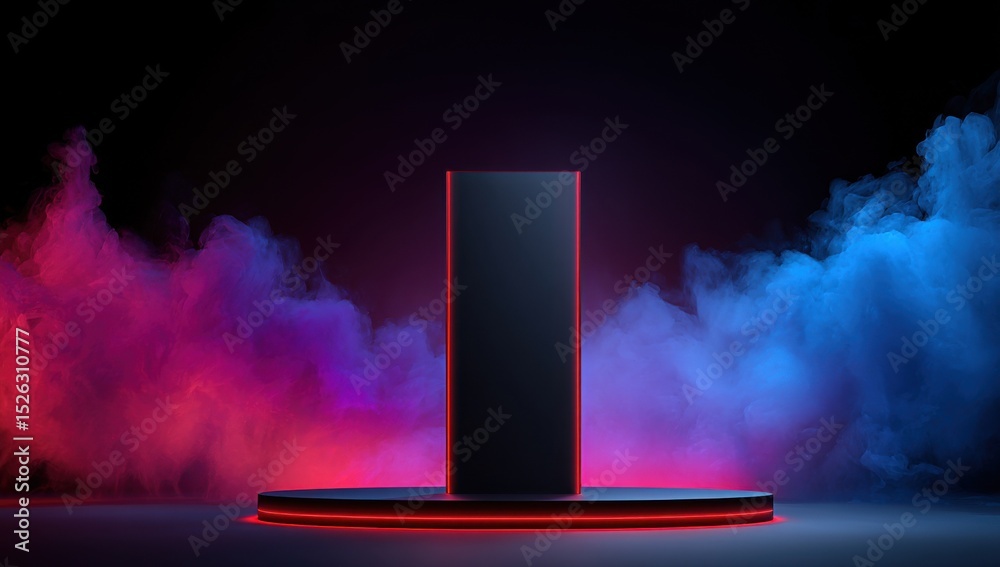 Poster minimalist black podium with red neon lights and colorful smoke, ideal for product showcase and mode