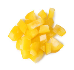 Pieces of fresh yellow bell peppers isolated on white, top view