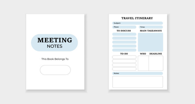 Template form for taking meeting notes and planning a travel itinerary, aiding in organized tasks.