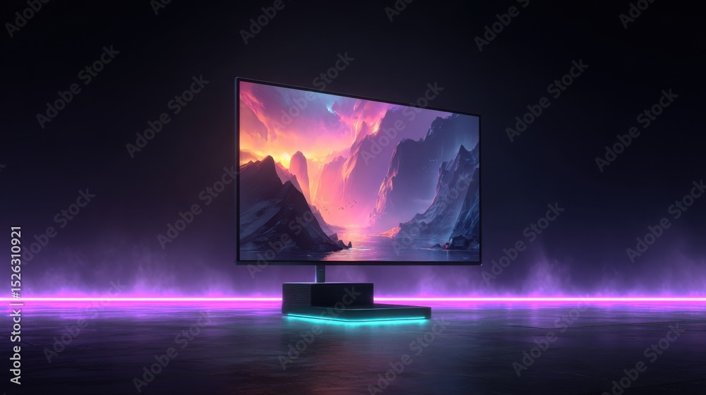 Poster Modern Monitor Displaying Mountain Landscape at Sunset, Showcasing Technology and Digital Transformation in a Futuristic Environment, Ideal for Innovation : Generative AI
