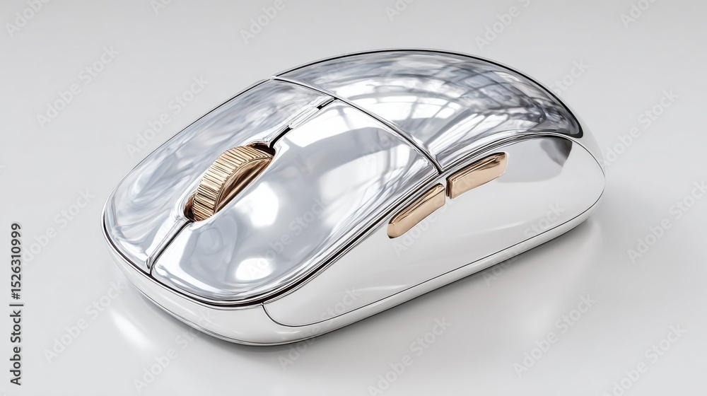 Poster sleek silver computer mouse with gold accents on white surface, representing modern technology and d