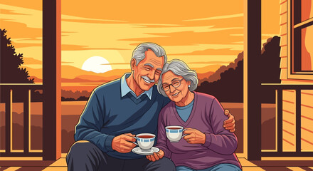 Elderly Couple Enjoying Sunset Tea on Porch A Peaceful Retirement Scene