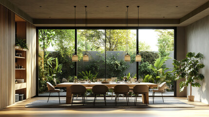 Fototapeta premium modern dining area featuring large windows, natural light, and greenery, creating serene