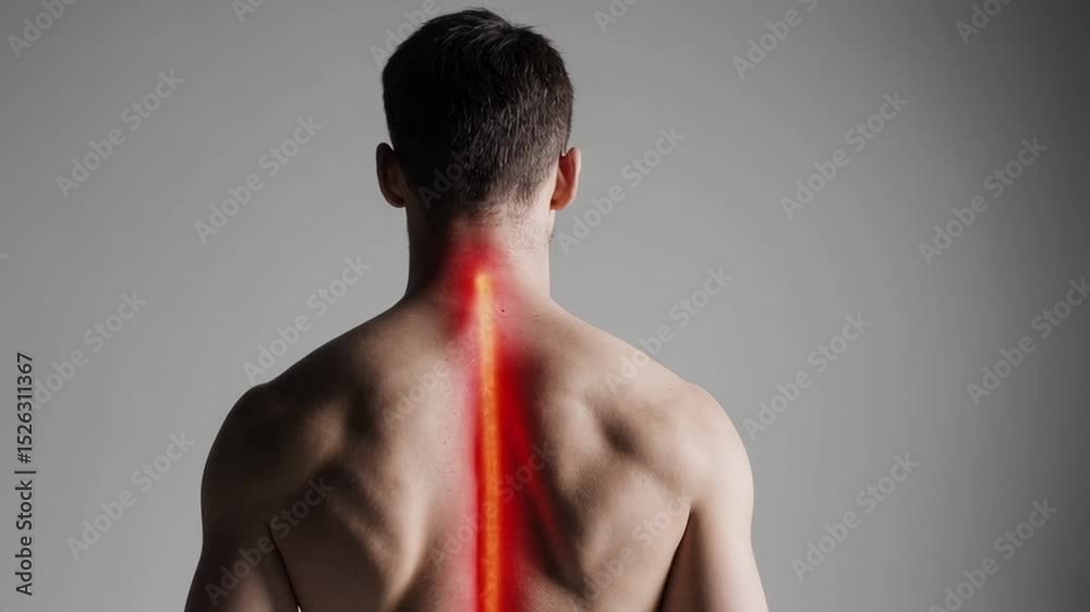 Poster shirtless masculine figure standing with transparent spinal column highlighted in glowing red, visua