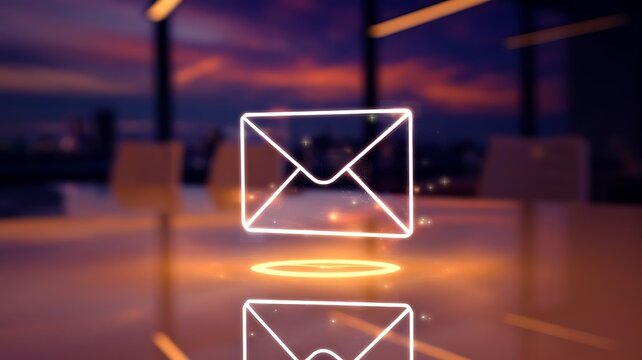 Glowing email icon with reflection on a glossy surface against a blurred cityscape at dusk background