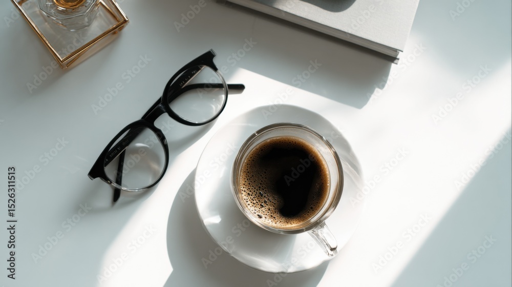 Poster Overhead View of Coffee and Glasses on White Table, Representing Focus and Productivity for Remote Work and Online Learning : Generative AI