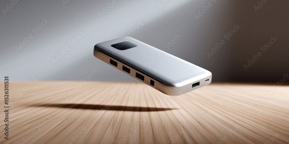 Poster floating usb hub on wooden surface, showcasing connectivity and modern technology for digital transf