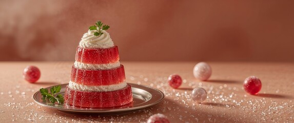 Red Jelly Dessert with Cream and Parsley Garnishment, Served on a Silver Plate.