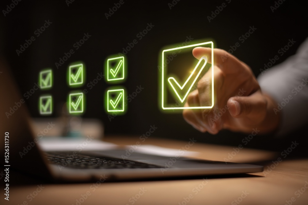 Poster Hand Selecting Glowing Green Check Mark on Digital Screen, Representing Task Management and Project Completion for Business Success : Generative AI