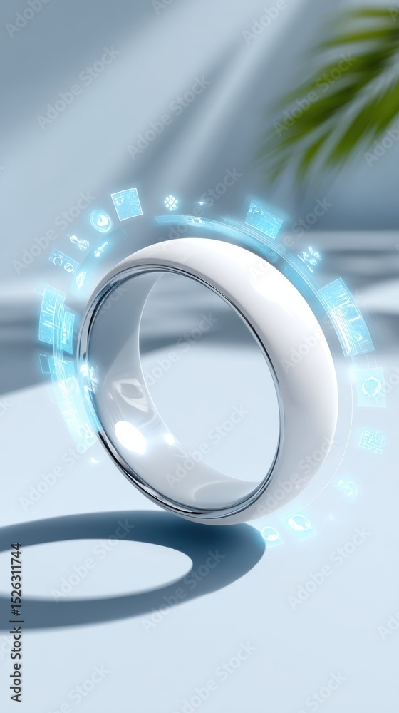 Poster smart ring surrounded by digital interface, representing wearable technology and health monitoring f