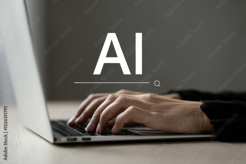 Fototapete Hands Typing on Laptop Keyboard With AI Search Bar Overlay, Representing Artificial Intelligence and Technology Innovation for Business Solutions : Generative AI