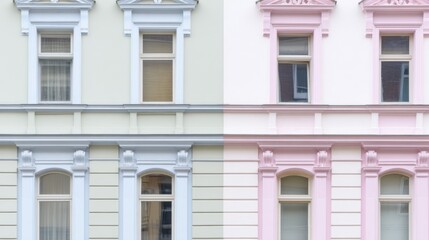 Symmetrical building facade with pastel green and pink color schemes, featuring light blue and pink window frames. Eight windows arranged in pairs, with rectangular upper windows and arched lower wind