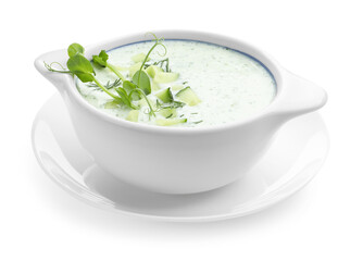 Tasty cucumber soup with microgreens isolated on white