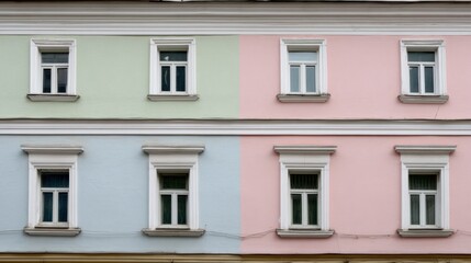 Fototapeta premium Charming building facade with four distinct pastel color-coded sections, each featuring a pair of double-paned windows with white frames and sills. Soft mint-green, pastel pink, and light blue hues cr