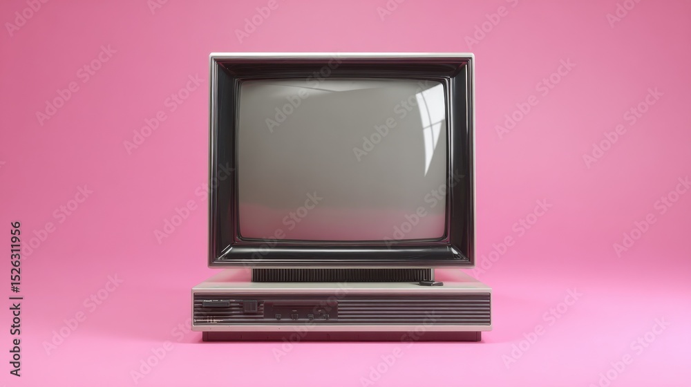 Poster retro computer on pink background, representing nostalgia and the evolution of technology in busines