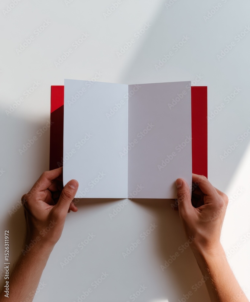 Poster hands holding open red and white card on white surface, ideal for invitation mockup and personalized