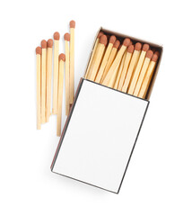 Matches and box isolated on white, top view. Mockup for design