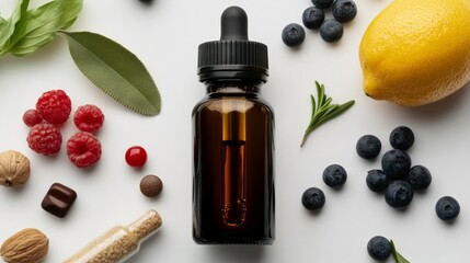 Top view of bottle with natural immune ingredients arranged as flat lay