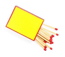 Fototapeta premium Matches in box isolated on white, top view. Mockup for design
