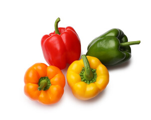 Fresh colorful bell peppers isolated on white, top view