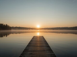 Fototapeta premium Serene Sunrise over Misty Lake with Wooden Pier Leading to the Golden Horizon.