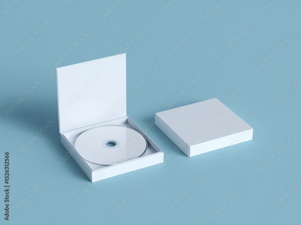 Poster blank white cd or dvd in open case on blue background, ideal for product mockups and media presentat