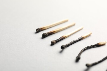 Burnt matches on light grey background, closeup