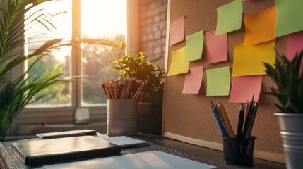 Vision board with sticky notes about business goals in creative office
