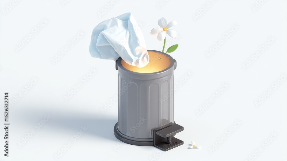 Poster tissue being thrown into trash can with flower, symbolizing purity and renewal after a difficult tim