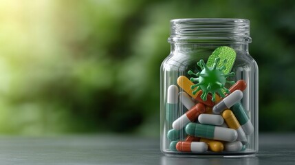 Vitamin capsules in a clear bottle with immune system icons and protective shield graphics