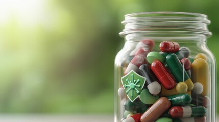 Vitamin capsules in a clear bottle with immune system icons and protective shield graphics