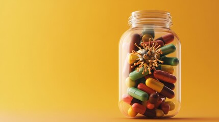 Vitamin capsules in a clear bottle with immune system icons and protective shield graphics