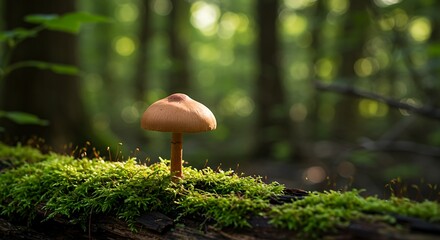 A single brown mushroom grows on mossy wood in the forest.